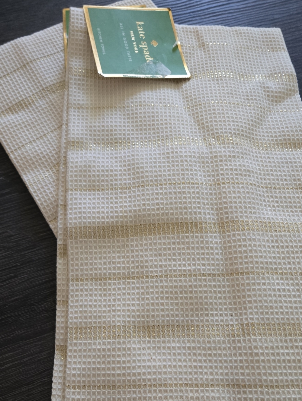 kate spade cream and gold striped waffle kitchen towels